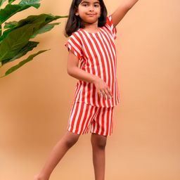 misbis Short Sleeves Striped Night Suit - Red-image-58