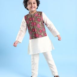 Babyhug 100% Cotton Full Sleeves Kurta & Pyjama With Floral Print Waistcoat - Cream Brown & White-image-42
