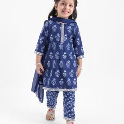 Babyhug 100% Cotton Woven Three Fourth Sleeves Kurti & Palazzo Set with Dupatta Floral Print - Indigo-image-65