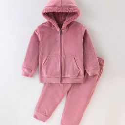 Kanvin Cotton Mettalised Fibre Velour Full Sleeves Solid Color Winter Wear Hooded Suit - Dark Peach-image-22