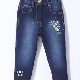 Little Kangaroos 100% Cotton Full Length  Denim Jeans With Floral Embroidery - Dark Blue-picture-5