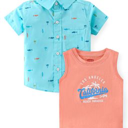 Babyhug Cotton Woven Half Sleeve Regular Collar Sea Life Print Shirt with T Shirt - Aqua Blue-image-71