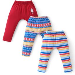 Babyhug Cotton Full Length Diaper Leggings Striped & Intarsia Print Pack of 3 - Blue & Red-image-48