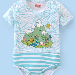Babyhug 100% Cotton Knit Interlock Half Sleeves Onesies With Mountain Theme Print - Blue & Green-image-78
