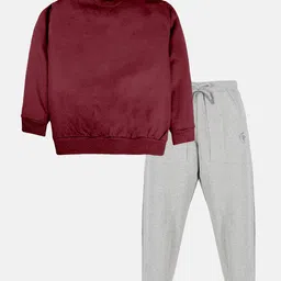 Kiddopanti Fleece Full Sleeves Solid Sweatshirt With Joggers Track Set - Maroon & Grey Melange-picture-36