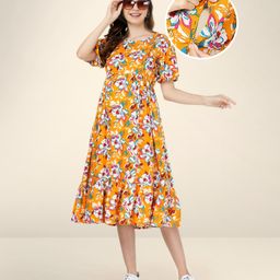 Bella Mama  Woven Ballon Sleeves Maternity Dress With Pocket Floral Print - Yellow-picture-23