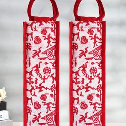 Kuber Industries Bottle Bag  Jute Carry Bag  Water Bottle Cover  Wine Bottle Bag  Reusable Bottle Bag with Handle  Bottle Bag for Office  Warli-Print Gift Bag  Pack of 2  Red-image-75