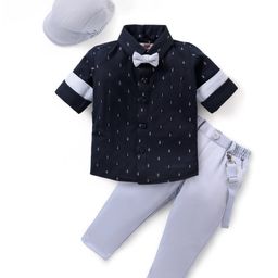 Babyhug Knit Full Sleeves Printed Party Shirt & Trousers with Cap Bow & Suspender - Navy Blue & Grey-picture-20
