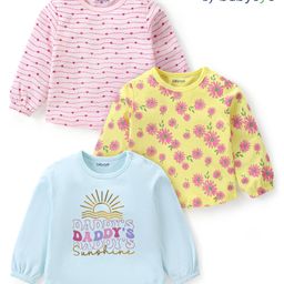 Babyoye 100% Cotton With Eco- Jiva Finish Full Sleeves Tops Floral & Text Print Pack of 3 - Blue Pink & Yellow-picture-22