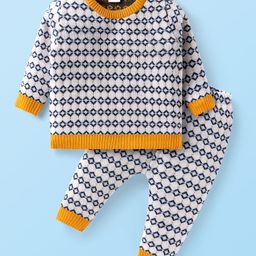 Babyhug Knitted Full Sleeves Sweater Set With Chevron Design - White-image-88
