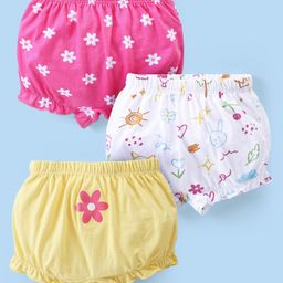 Babyhug 100% Cotton Knit Bloomers With Floral & Animal Print Pack of 3 - Yellow White & Pink-image-89