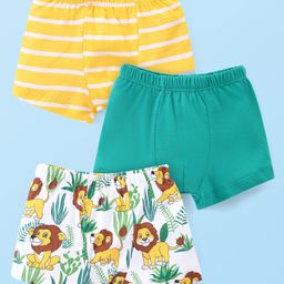 Babyhug Single Jersey Cotton Knit Trunks With Stripes & Lion Print Pack Of 3 - Green White & Yellow-image-58