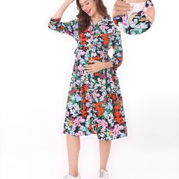 Bella Mama Woven Three Fourth Sleeves Maternity Shirt Style Dress with Floral Print - Multicolour-image-108