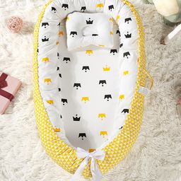 Babymoon Baby Nest Bed with Pillow Adjustable, Portable, Reversible, Foldable Cotton Mattress Sleeping Bed - Crown Yellow-picture-1