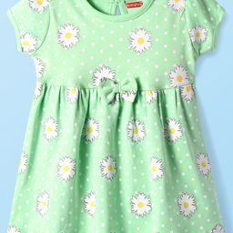 Babyhug Interlock Knit Half Puffed Sleeves Floral Printed Frock with Bow Applique - Light Green-image-15