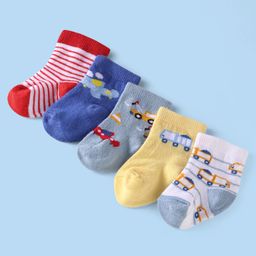 Cute Walk By Babyhug Cotton Knit Anti-Bacterial Ankle Length Socks With Stripe & Vehicle Design Pack Of 5 - Yellow Blue & Grey-image-31