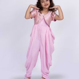 Twisha Brocade Half Sleeves Floral Printed Jacket With Foil Striped Jumpsuit - Baby Pink-image-96