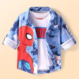Babyhug Marvel Single Jersey Knit Full Sleeves Shirt With Spiderman Graphcis & Inner Sleeveless T-Shirt - Light Blue & White-image-70
