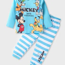 Babyhug Disney Single Jersey Knit Full Sleeves Night Suit with Striped & Mickey Mouse Print - Light Blue-picture-42