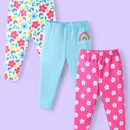 Babyhug Cotton Lycra Knit Full Length Leggings with Floral Print Pack of 3 - Pink Light Blue & White-image-98