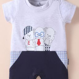 Child World Interlock Knit Half Sleeves Romper With Animal Print - White & Navy Blue-image-45