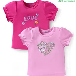 Babyoye Eco Conscious 100% Cotton Knit Half Puffed Sleeves Eco Jiva Finish T-Shirts with Hearts Butterfly & Floral Print Pack of 2 - Dark & Light Pink-picture-0