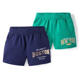 Honeyhap Premium 100% Cotton Knit Above Knee Length Shorts With Text Print Pack of 2 - Mint & Navy Peony-image-36