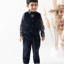 Tiber Taber Full Sleeves Floral Printed 3 Piece Party Suit Set With Bow - Navy Blue-image-46