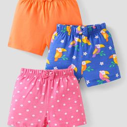 Babyhug Cotton Knit Mid Thigh Polka Dots & Birds Printed Shorts with Bow Applique Pack of 3 - Blue Pink & Orange-image-91