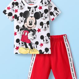 Babyhug Disney Single Jersey KnitHalf Sleeve Shorts Night Suit With Mickey Mouse Graphic - Red & White-image-33