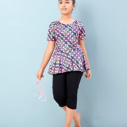Aarika Half Sleeves Abstract Printed Frock Style Swimsuit - Fawn Purple & Black-image-72
