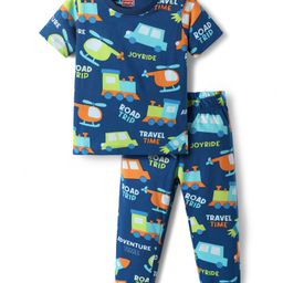 Babyhug Cotton Knit Half Sleeves Co-Ords Nightsuit With Helicopter Print - Navy Blue-image-60