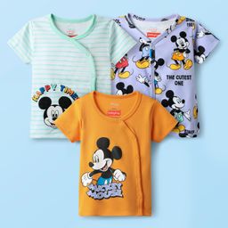 Babyhug Disney Interlock Knit Half Sleeves Front Open Jhablas With Mickey Mouse & Family Graphics Pack Of 3 - Lilac Light Green & Mustard-image-50