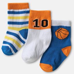 Cute Walk by Babyhug Knit Ankle Length Antibacterial Socks with Game Theme Print & Stripe Design Pack Of 3 - Blue Orange & White-image-78