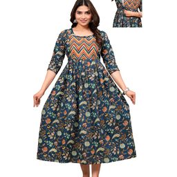 NEVISHA STYLE Cotton Woven Three Fourth Sleeves Floral Printed Maternity Kurta With Side Zipper Nursing Access - Blue-image-87