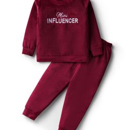 Babyhug Velour Woven Full Sleeves Winter Wear T-Shirt & Lounge Pant Set With Text Embroidery - Wine-image-87