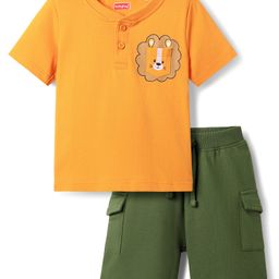 Babyhug Single Jersey Knit Half Sleeves T-Shirt & Shorts Set with Henley Neck Lion Print & Front Pocket - Mustard & Olive Green-image-43