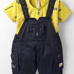 Dapper Dudes Solid Dungaree With Half Sleeves Typography Printed Tee Set - Parrot Green-picture-36