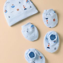 Simply Interlock Knit Cap Mitten & Booties Set with Nautical Theme Print Light Blue - Diameter 14 cm-picture-33