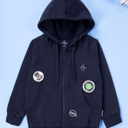 Kiddopanti Knit Full Sleeves Teddy & Hello Text Patch Embroidered Hooded Sweatjacket - Navy Blue-image-98