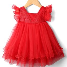 Babyhug Woven Frill Sleeves Mesh Party Dress With Glittered Yoke - Red-picture-26
