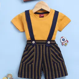 Jb Club Cotton Knit Striped Dungaree With Half Sleeves Tee - Mustard-picture-12