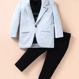Dapper Dudes Full Sleeves Textured Blazer With Typography Printed Tee & Pant Set - Sky Blue-picture-13