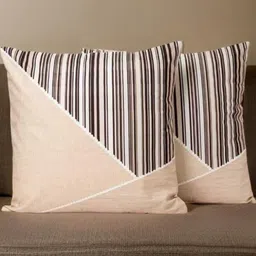 Aura Beige & Brown 2 Pieces Striped Printed Pure Cotton Square Cushion Covers-image-88