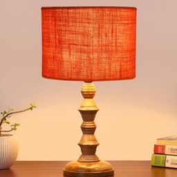 Devansh Orange Drum Shaped Wooden Table Lamp-3
