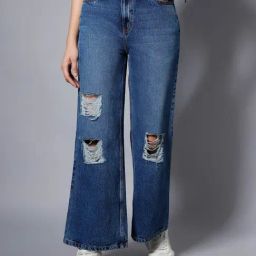 High Star Blue Distressed Relaxed Fit High Rise Jeans-image-98