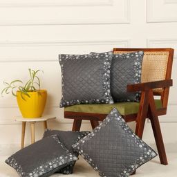 HOSTA HOMES Grey & Off White Set of 5 Floral Velvet Square Cushion Covers-picture-7