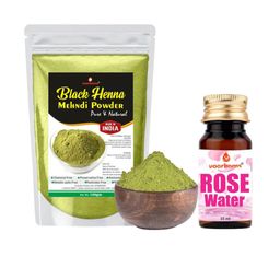 VOORKOMS Set Of 2 Black Henna Mehndi Powder - 100 g & Rose Water - 35 ml-10