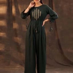 Juniper Jade Green Ethnic Motif Printed Rayon Slub Jumpsuit With Zari Work Embroidery-picture-11