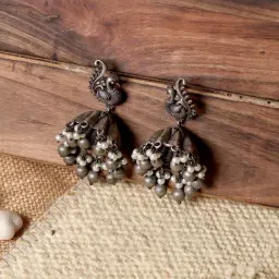 Teejh Ethnic Hasini Peacock Silver Oxidized Jhumki Earrings-image-47